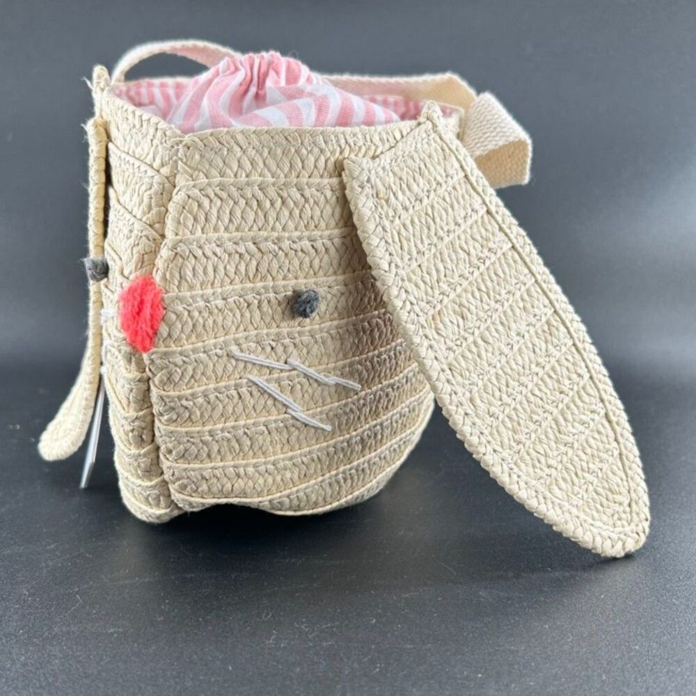 MeriMeri Straw Bunny Purse Cotton Lining Draw Sting Closure12"L x 6.5"H x 5"W